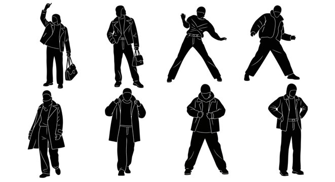 Set of male silhouettes in casual winter clothing, posing in black