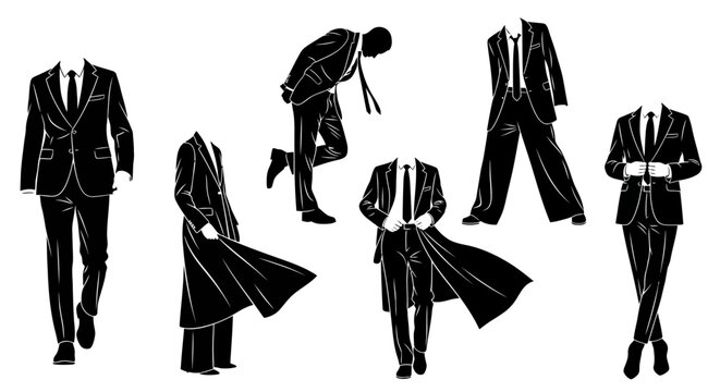Set of headless men in formal business suits, silhouettes on white