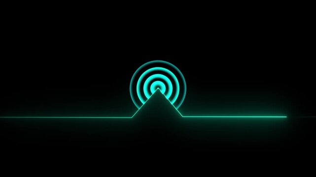 Glowing neon line animated by radio wave animation on a black screen background. Radio wave tower connective network and signal waves. Radio waves signal