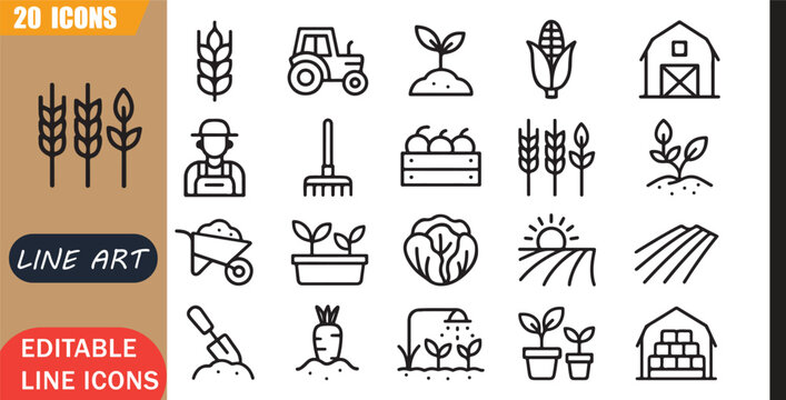 Isolated agriculture farm icons set, 20 editable line art icons set, crop plant harvest tractor soil irrigation organic nature, farming agriculture tools, minimal clean outline vector