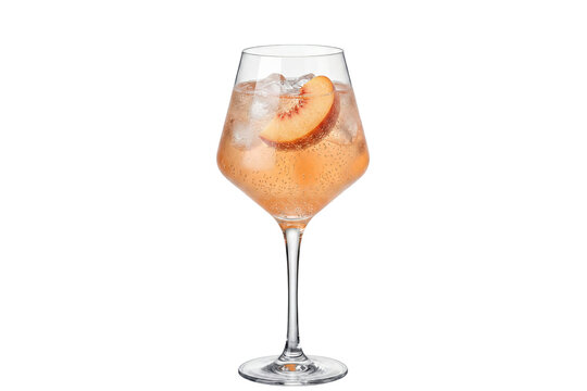 popular classic cocktail including peach spritz with fruit slice and ice in a copa glass on transparent background