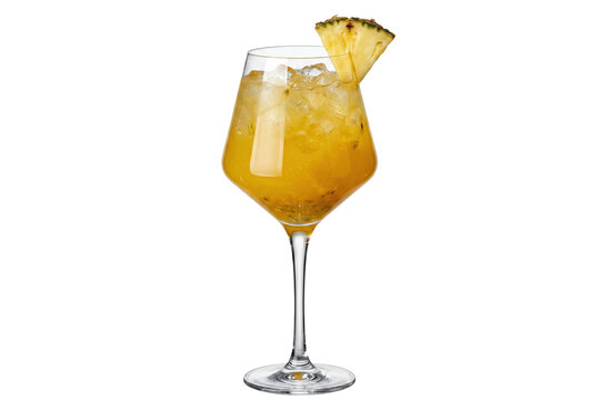 popular tropical cocktail including pineapple and passionfruit spritz with crushed ice and fruit garnish in a copa glass on transparent background