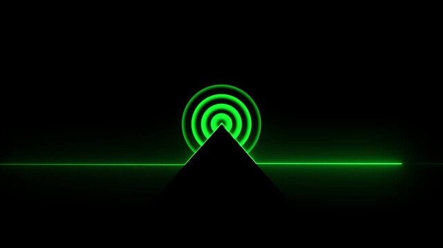Glowing neon line animated by radio wave animation on a black screen background. Radio wave tower connective network and signal waves.