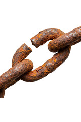 Fototapeta premium Chain links that are heavily oxidized and rusted show a clear structural break in the center of the heavy metal equipment against a clean white background, providing significant area for text layout.
