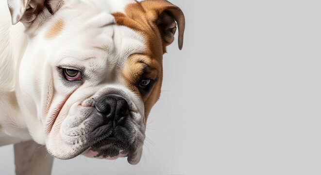 English bulldog head close up on isolated white background. Portrait of grumpy dog looking at camera. Animal expression, pet care concept, veterinary clinic and pedigree dog design.