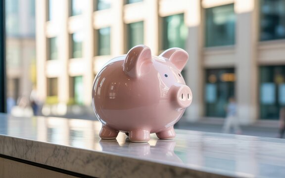 Pink ceramic piggy bank sitting on a reflective ledge with modern building background
