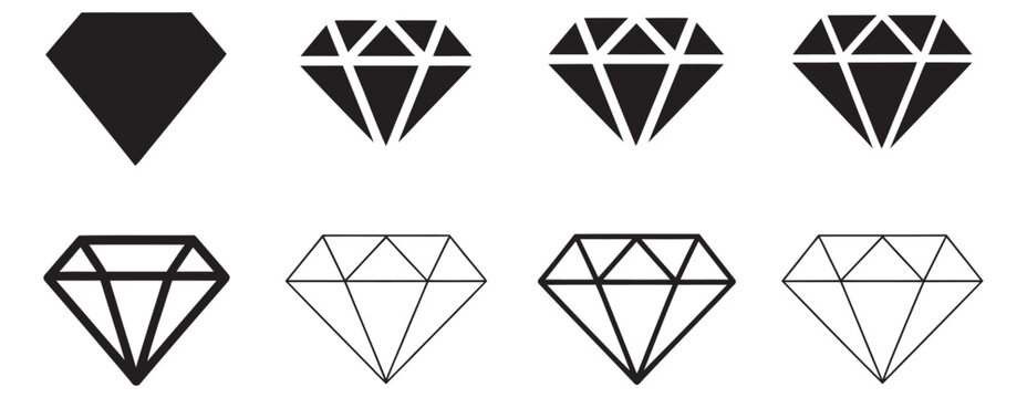 Diamond icons collection, minimal flat and line art gemstone shapes isolated vector elements for branding and infographic projects design assets