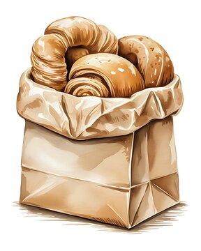 Crumpled bakery paper bag filled with assorted pastries