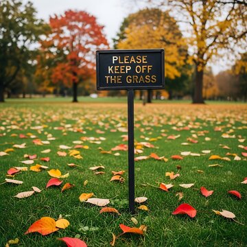 Black Keep Off Grass Sign Standing on Leaf Covered Lawn in Autumn Park