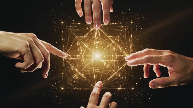 Four hands touch glowing lines to form shapes and patterns in dark space. Light bursts show a connection between the hands and the energy they create together.