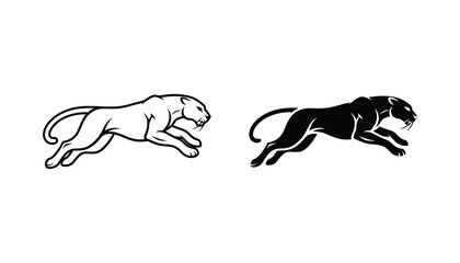 Dynamic panther jumping graphic illustration featuring sleek big cat in mid-air in outline and solid black silhouette style for sports team mascot or wild animal branding © Aura