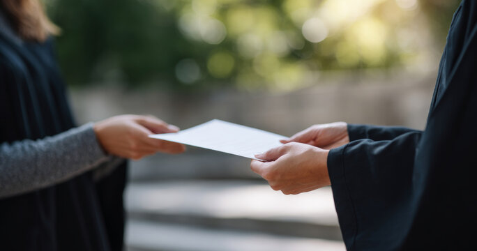 Person handing document to another outdoors
