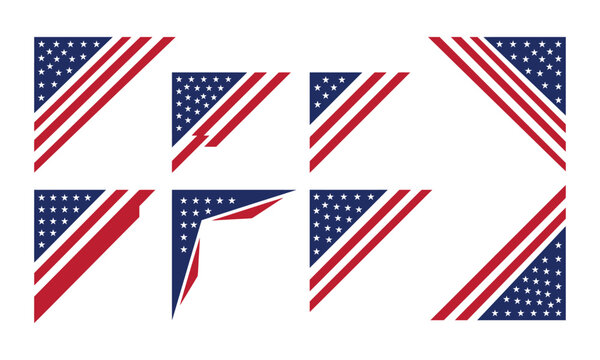 Collection of patriotic American flag corner elements. Geometric triangles, stripes, and stars design set for USA holiday and anniversary decorations.