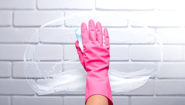 Pink Rubber Gloved Hand Wiping Soapy Glass on White Tile Wall