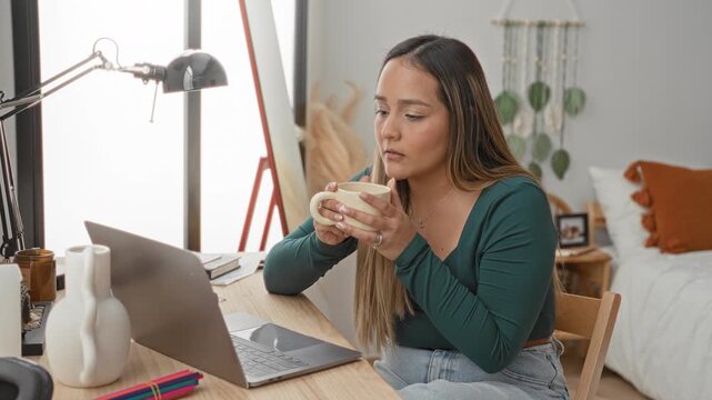Woman typing on laptop while holding a coffee mug, fingers on trackpad in a studio workspace with lamp, bed and plants visible; calm focus.