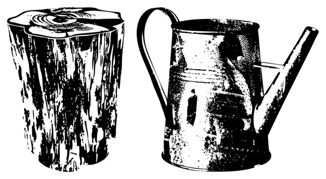 Weathered stump beside a dented can, both halftone textured. Gardeners may call it &ldquo;wooden seat&rdquo; or &ldquo;sprinkler jug&rdquo; ideal for rustic decor or farm branding.