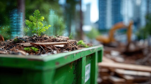 Construction dumpster with timber scraps and blueprint building outline in bright residential setting