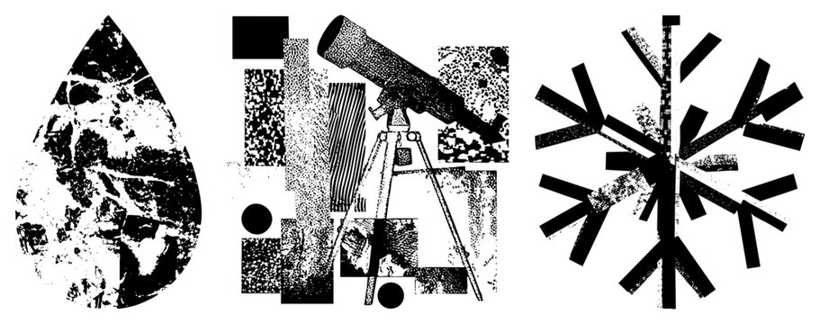 Gritty stencil trio ice flower (winter star), rain tear (sky kiss), star scope (sky stick) halftone grit, high contrast black and white.