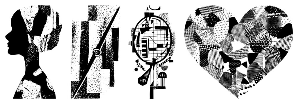Stylized profile, geometric clock, magnifying glass, heart all in bold halftone. &ldquo;Brain bucket&rdquo; head, &ldquo;timepiece&rdquo; clock, &ldquo;love bug&rdquo; heart. Retro graphic energy for urban design.
