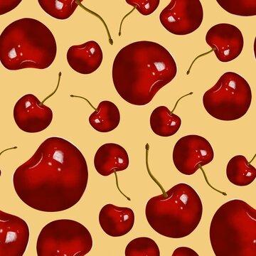 Seamless pattern with ripe red cherries on beige background, sweet summer fruit berries print, realistic hand drawn cherry ornament for textile and wallpaper