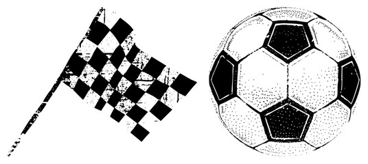 Fototapeta premium Gritty checkered flag beside a halftone football evokes nostalgia, whether called soccer, footy, or fútbol. Ideal for retro sports branding.