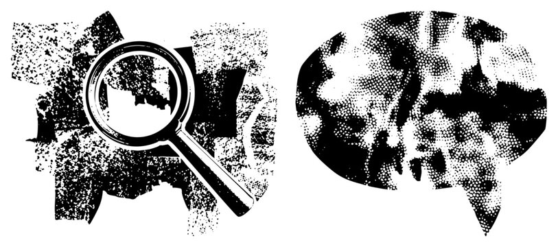 Loupe and in gritty halftone dots, symbolizing deep analysis. &ldquo;Noggin&rdquo; or &ldquo;gray matter&rdquo; meets slang &ldquo;glass&rdquo; for detective/research vibes.