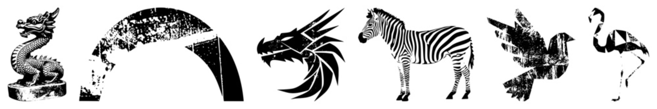 Weathered stone dragon (sky serpent/lung) stands beside a striped zeb/wild horse. Stylized birds (sky glyphs/wing shapes) flutter in bold. Grunge texture and stencil edges lend a s