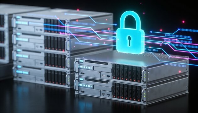 Luminous cyan padlock hovering above a polished server stack, floating neon data particle trails, minimalist clean 3D render, deep black futuristic backdrop, vivid color scheme, logo-free