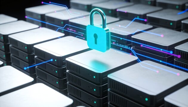 Luminous cyan padlock hovering above a polished server stack, floating neon data particle trails, minimalist clean 3D render, deep black futuristic backdrop, vivid color scheme, logo-free