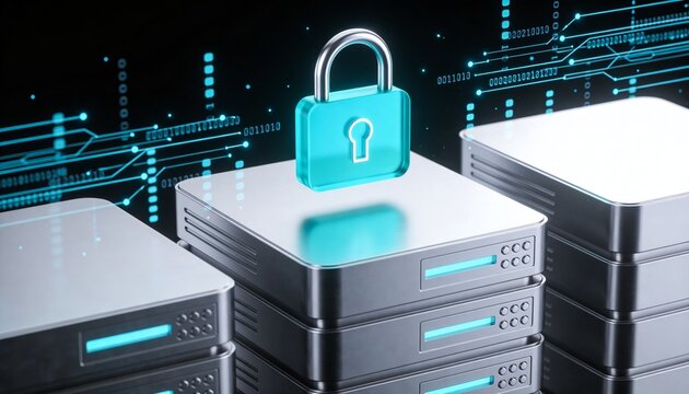 Minimalist 3D render of a polished server stack with a luminous cyan padlock hovering above, floating neon data particle trails, deep black futuristic background, vibrant digital color scheme, no text