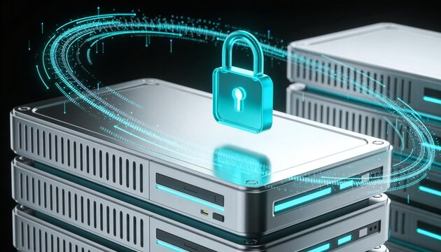 Minimalist 3D render of a polished server stack with a luminous cyan padlock hovering above, floating neon data particle trails, deep black futuristic background, vibrant digital color scheme, no text