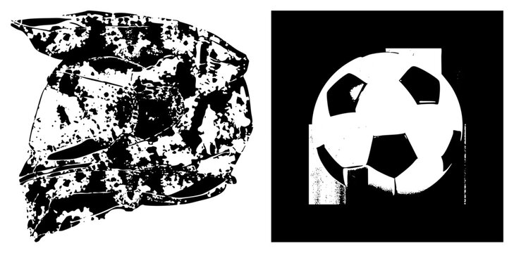 Gritty, weathered football and headgear in bold black and white stencil. The pigskin sits beside its battle worn crash cap raw, urban energy fusing sport and street.