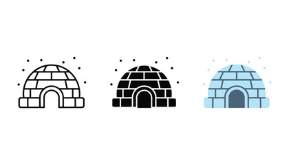 Traditional Inuit igloo snow house with an arched entrance and falling snowflakes presented in three distinct vector icon styles representing winter and arctic shelter © Pure