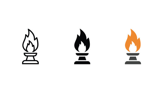 Classic flaming torch symbol with vibrant orange fire emanating from a sturdy base presented in three dynamic vector icon variations for light and victory concepts