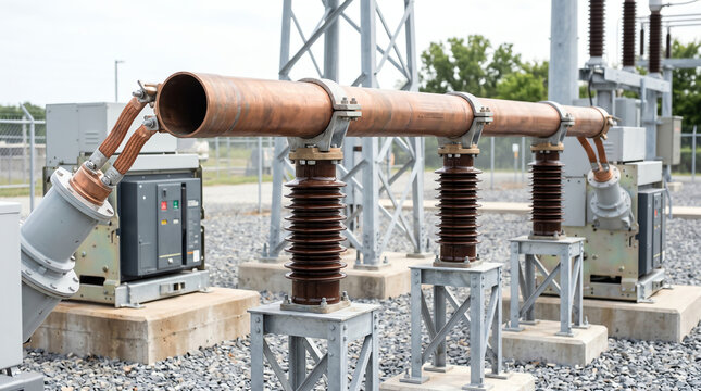 Tubular copper busbar run between substation breakers with insulator supports