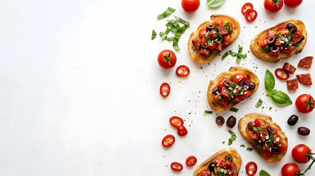 Bruschetta with tomatoes olives and basil on white background flat lay