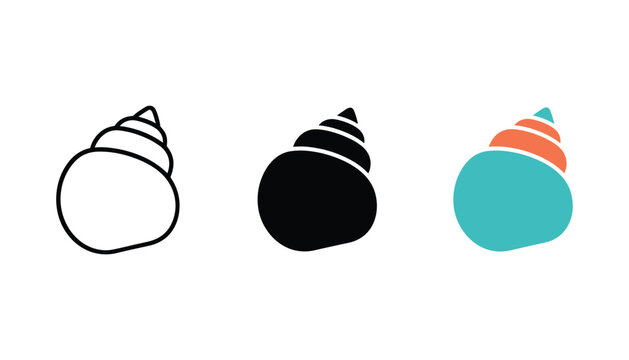 Conical snail shell with a spiral pattern illustrated in three distinct vector icon styles representing marine life nature and slow movement concepts