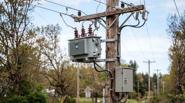 Pole-mounted three-phase recloser with control cabinet on a distribution feeder