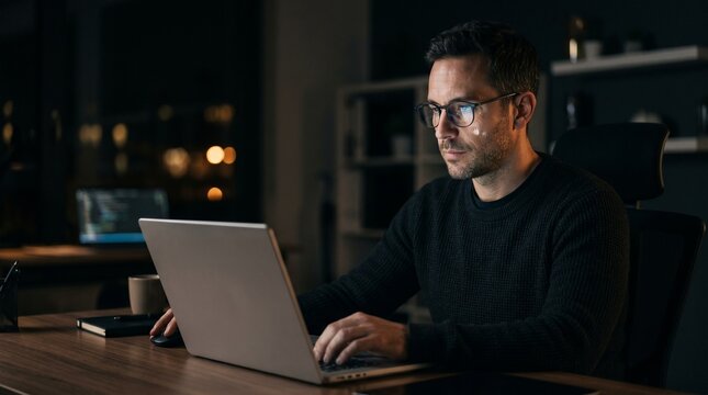 professional working on a laptop with screen reflections visible on face and glasses
