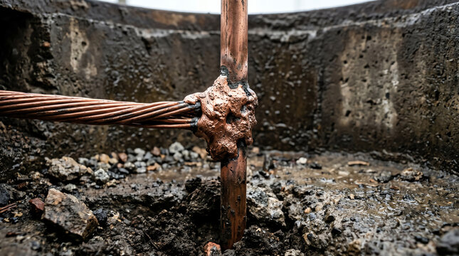 Buried copper-clad steel grounding rod with exothermic weld at the bottom of a manhole