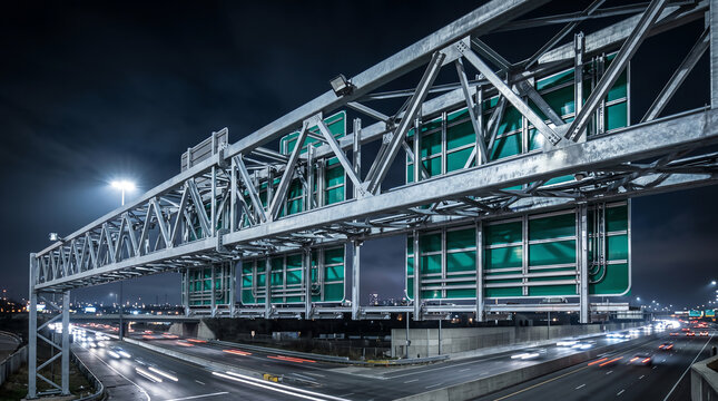 Overhead truss gantry sign spanning a freeway with three exit panels