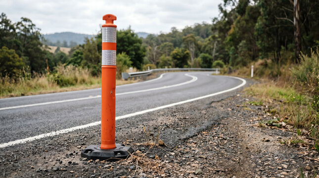 Flexible plastic roadside delineator post with reflective sheeting on a curve