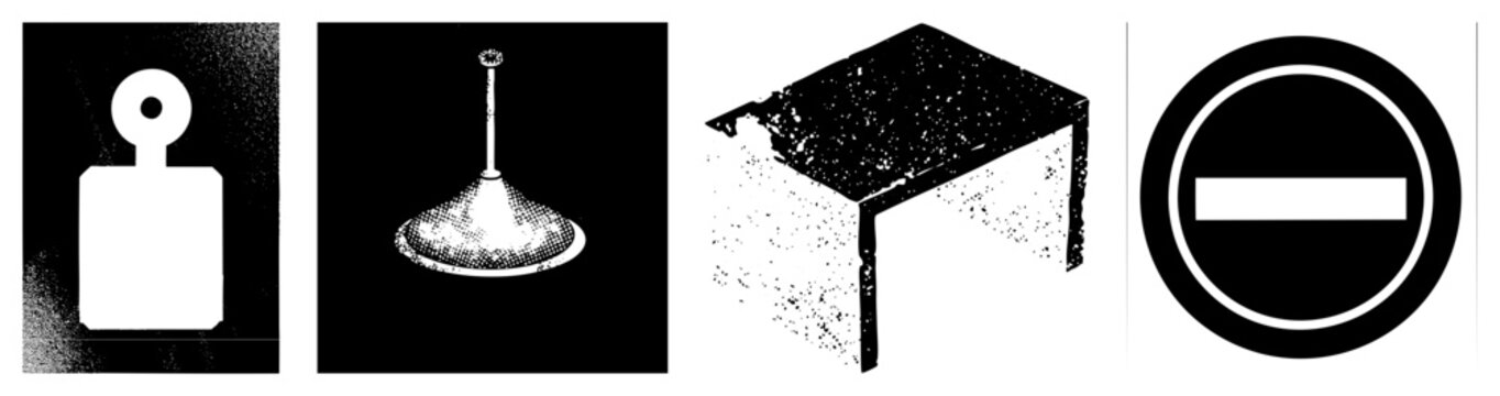 Stark black and white symbols weight plate, plunger, corner bracket, no entry sign (slang &ldquo;no go&rdquo; or &ldquo;blocker&rdquo;) feature gritty halftone shading and clean for high contrast impact, suited