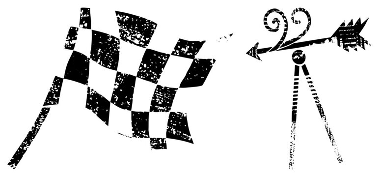 Wavy checkered flag & ornate wind vane in gritty vintage stencil style bold branding or poster use.