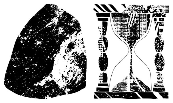 Weathered crag beside an ornate sand timer, both etched in halftone grit. duo evokes time&rsquo;s erosion nature vs. measurement ideal for mythic or vintage poster branding.