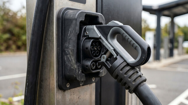 DC fast charger CCS combo handle resting in its holster at a public charging station