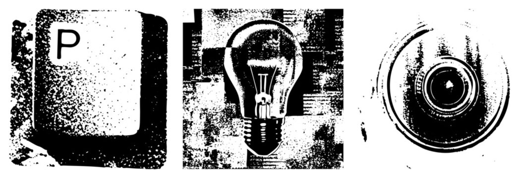 Gritty trio keyboard key, lightbulb, camera lens in high contrast halftone. Brain bucket for ideas, skid lid for vision. Evokes raw creativity, analog nostalgia. Ideal for edgy branding or indie poste