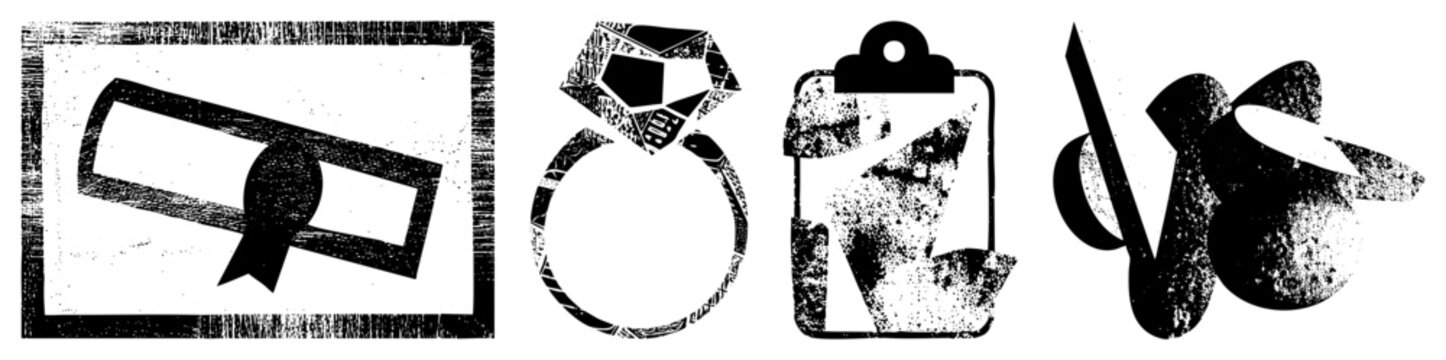 Gritty, textured symbols diploma scroll, diamond ring, clipboard, grad cap (&ldquo;brain bucket&rdquo;/&ldquo;skid lid&rdquo;), ring (&ldquo;sparkler&rdquo;/&ldquo;rock&rdquo;) vintage glyphs evoking nostalgia & milestones, ideal for retro or edu b