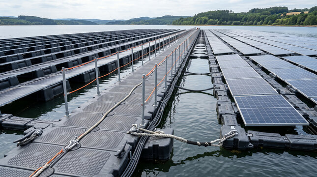 Walkway between rows of HDPE pontoons on a floating solar plant