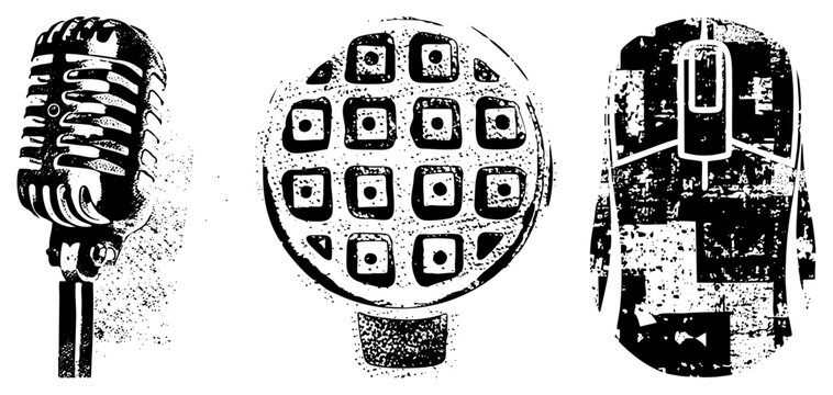 Retro mic w/ ribbed grille, waffle grid & ergonomic mouse gritty halftone. Screams old school charm (mic/vox box/sound catcher). Ideal for vintage branding or edgy merch.